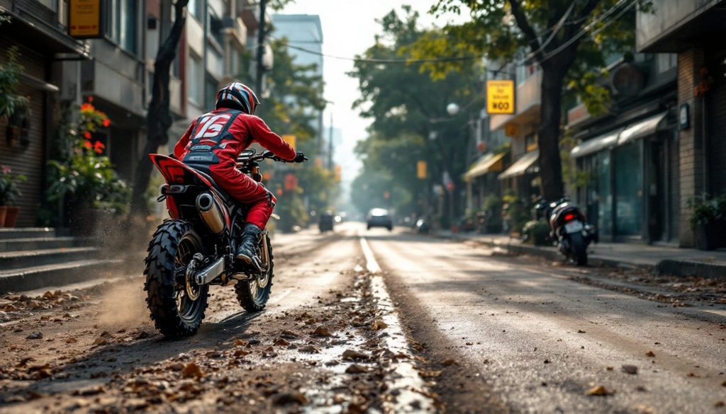 Rider on a dirt bike traveling down an urban street with knobby tires kicking up debris during a street-legal motorcycle ride through the city