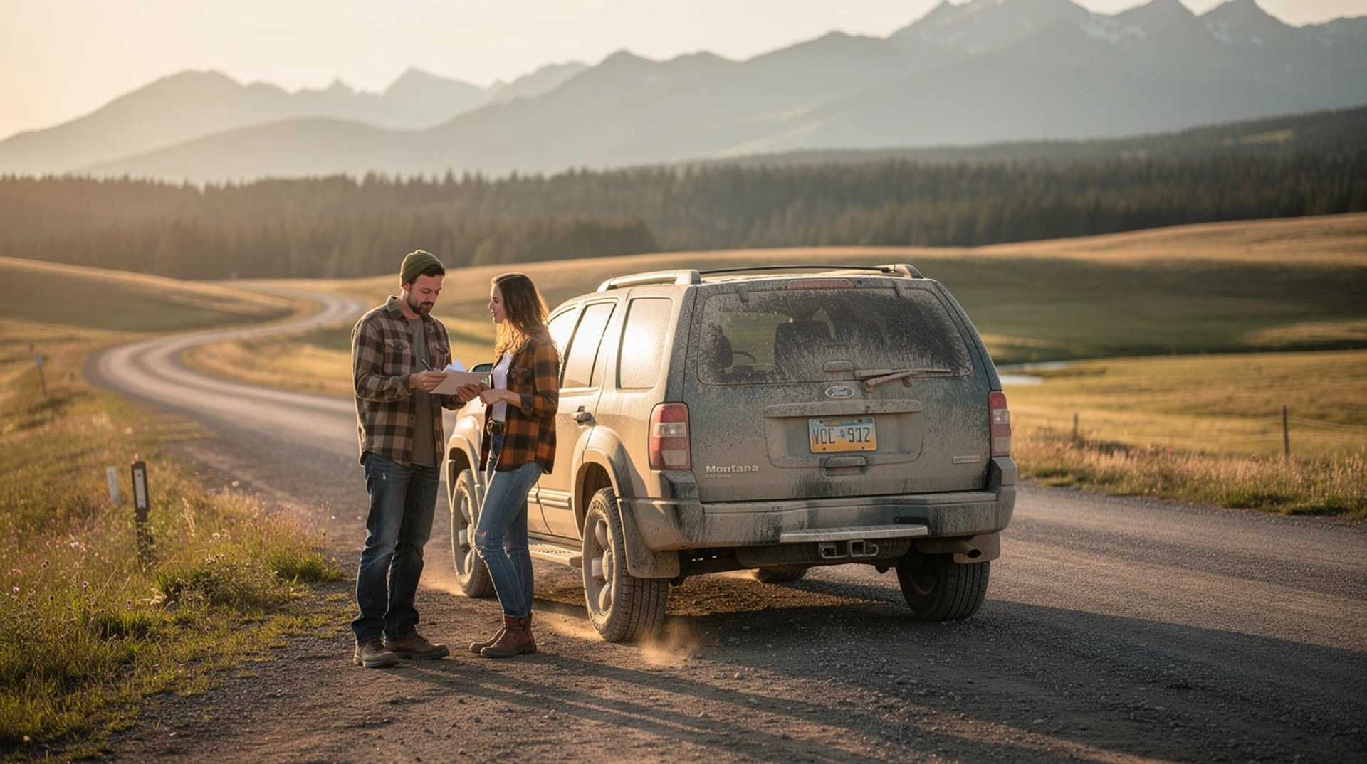 Couple standing beside a dusty SUV on a rural gravel road with mountains in the background at sunset.