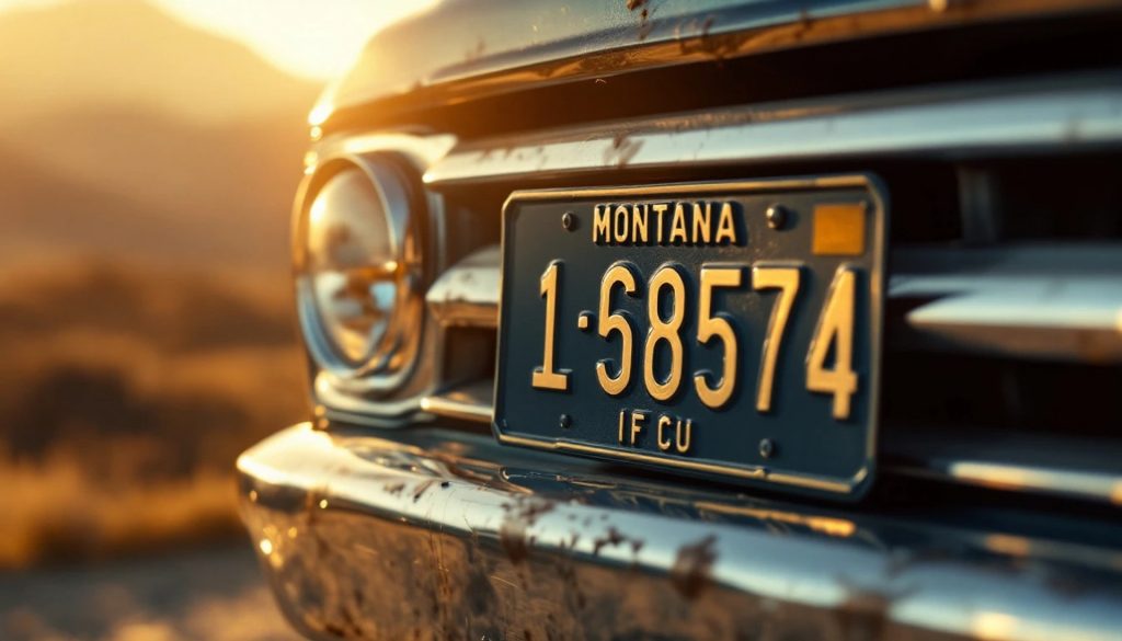 Close-up of a Montana license plate mounted on the front of a classic vehicle with a desert landscape and sunset lighting in the background.