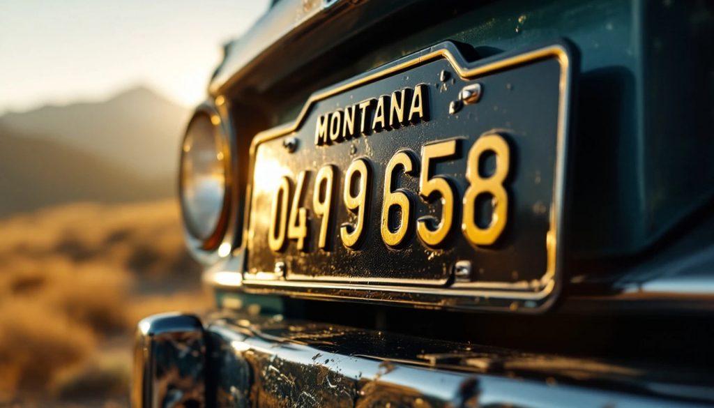 Close-up angled view of a Montana license plate attached to a vintage vehicle with mountains and a desert landscape blurred in the background during golden hour.