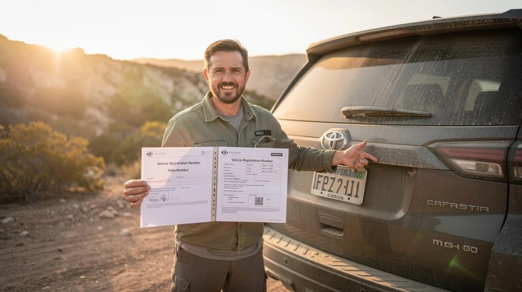 Man standing beside a Toyota SUV holding vehicle registration paperwork and license plate documents outdoors at sunset