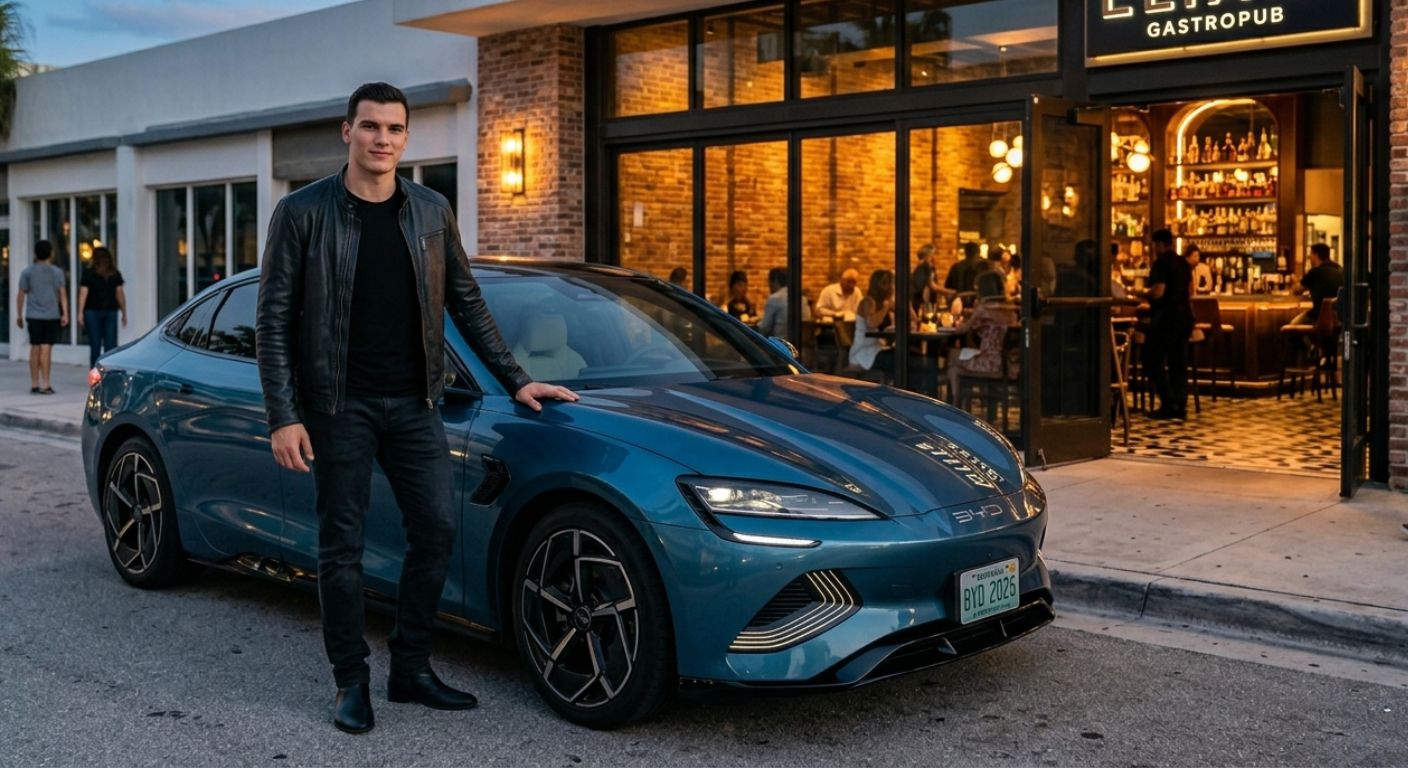 Man standing beside a blue electric sports sedan parked outside a modern gastropub at dusk.