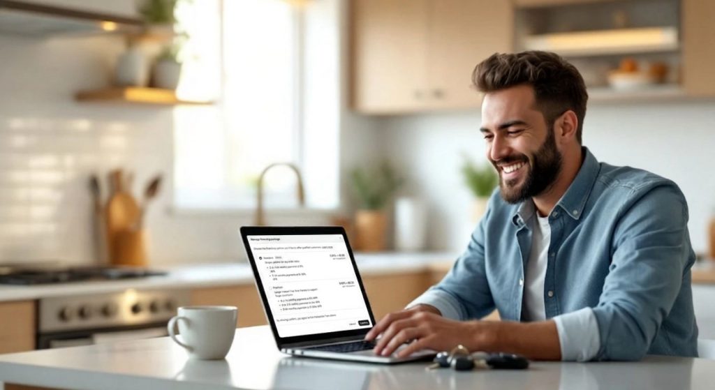 A customer uses a laptop at home to complete vehicle registration paperwork online, demonstrating a convenient digital registration experience.