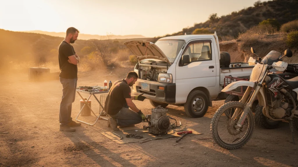 Two men work on a small engine beside a white pickup at sunset, with tools laid out on a table and a dirt bike nearby.