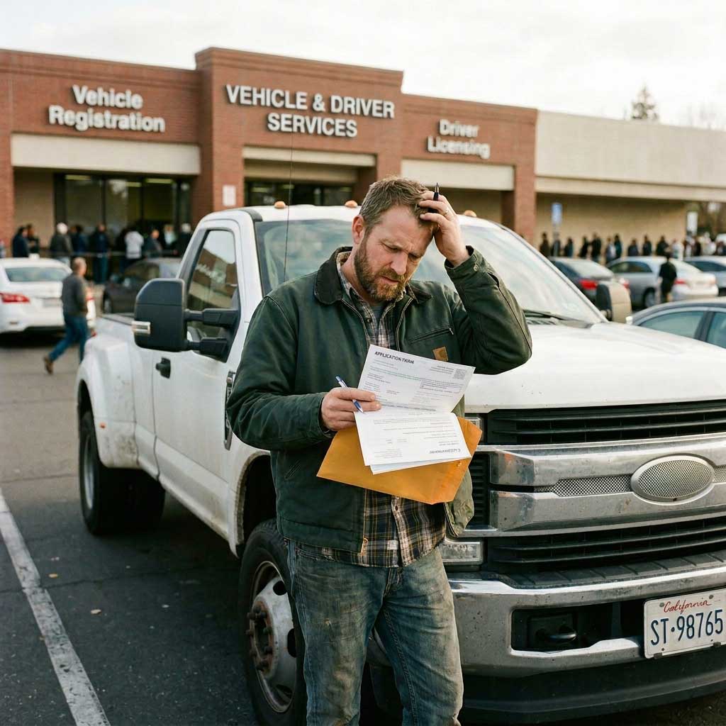 Man with a beard stands beside a white pickup, holding paperwork and an envelope outside a government vehicle registration center in front of a brick building reading Vehicle Registration and Vehicle & Driver Services.