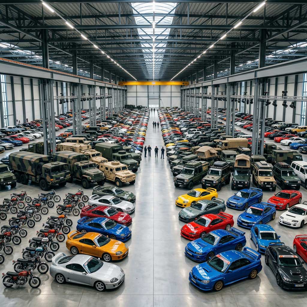 Large indoor vehicle showroom with rows of colorful cars, military trucks, motorcycles, and a group of people at the center.