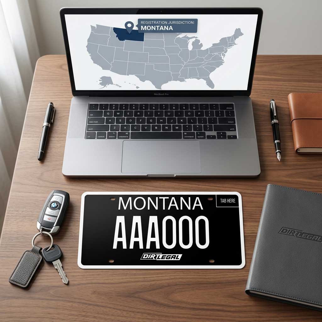 Open laptop on a wooden desk shows a US map highlighting Montana; Montana license plate reading AA000 lies on the desk with a Dirt Legal logo nearby, along with keys, pen, and a notebook.