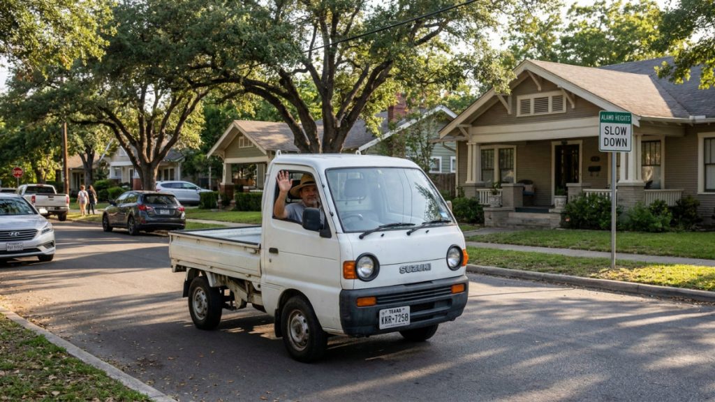A man in a straw hat waves from behind the wheel of a white Suzuki mini truck driving through a quiet residential neighborhood in Alamo Heights, Texas, with a Texas license plate visible on the vehicle.