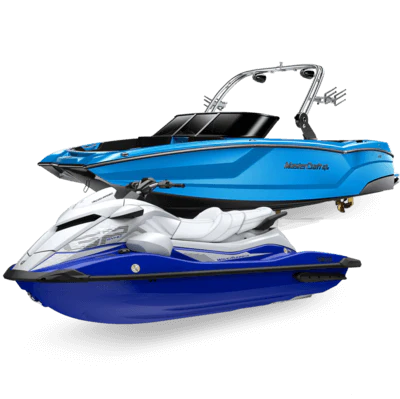 Two personal watercraft (jet skis) stacked: a white-and-blue lower jet ski and a blue upper jet ski with handlebars visible.