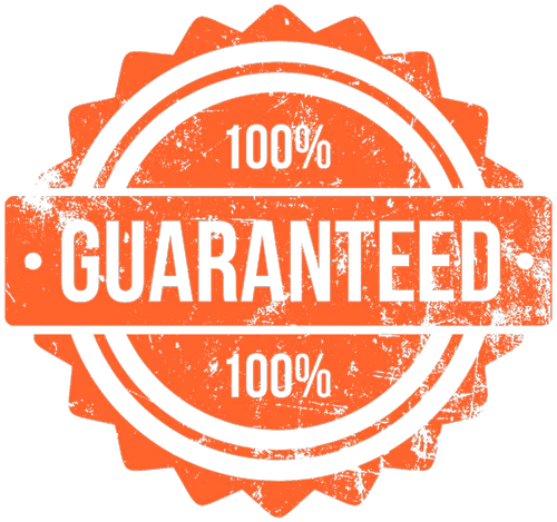 Orange distressed guarantee badge reading '100% GUARANTEED' stamped across the center.