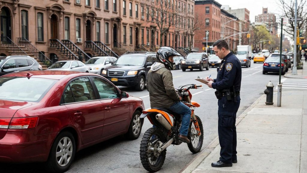 A police officer writes a citation for a dirt bike rider stopped on a busy urban street, with city traffic and brownstone buildings in the background.