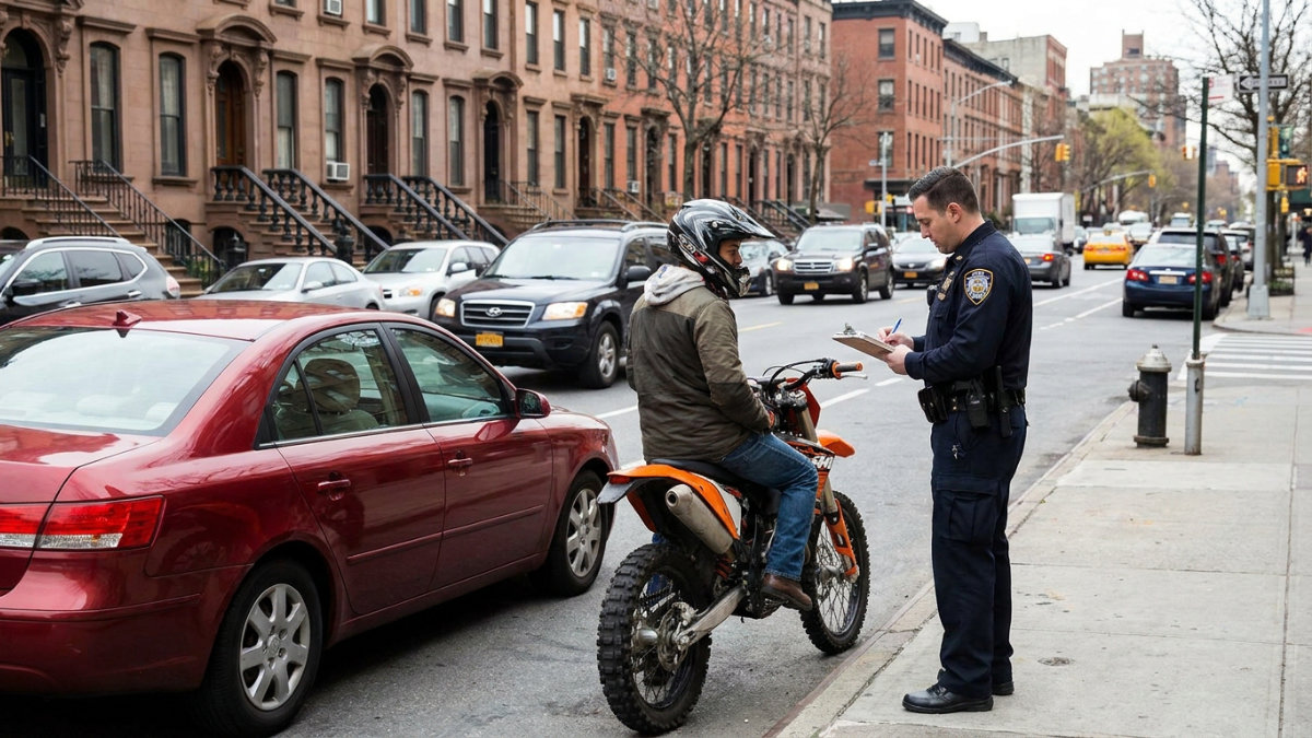 A police officer writes a citation for a dirt bike rider stopped on a busy urban street, with city traffic and brownstone buildings in the background.