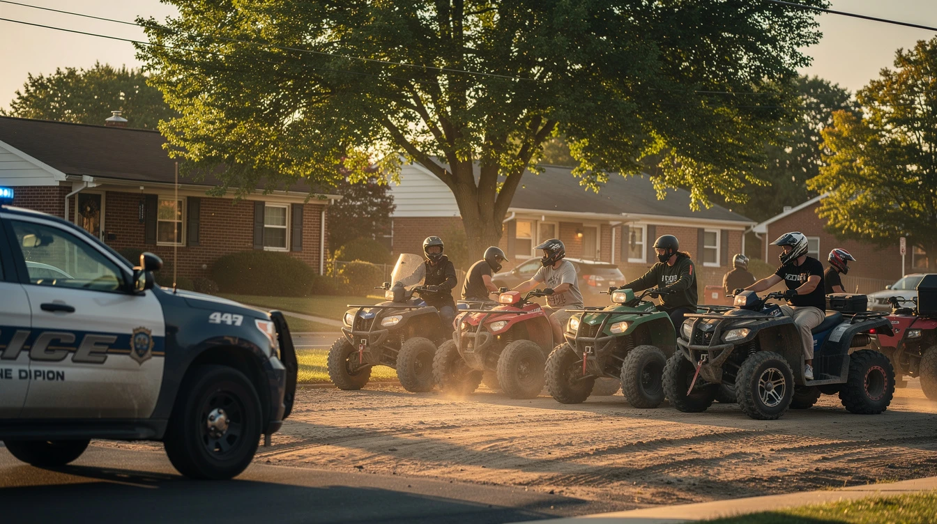 Police SUV in the foreground with its blue lights on as a row of ATV riders line up on a dusty suburban street.