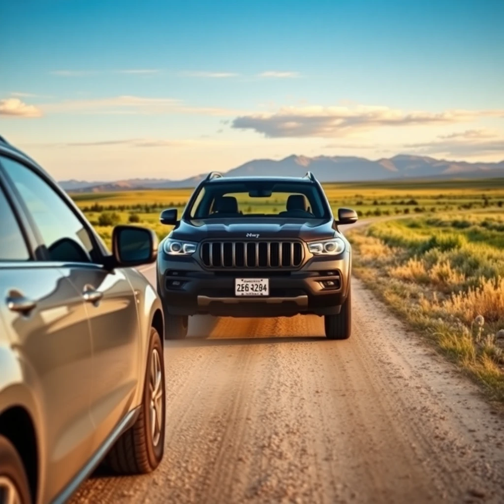 Two SUVs driving on a dusty rural dirt road with golden fields and distant mountains under a blue sky.