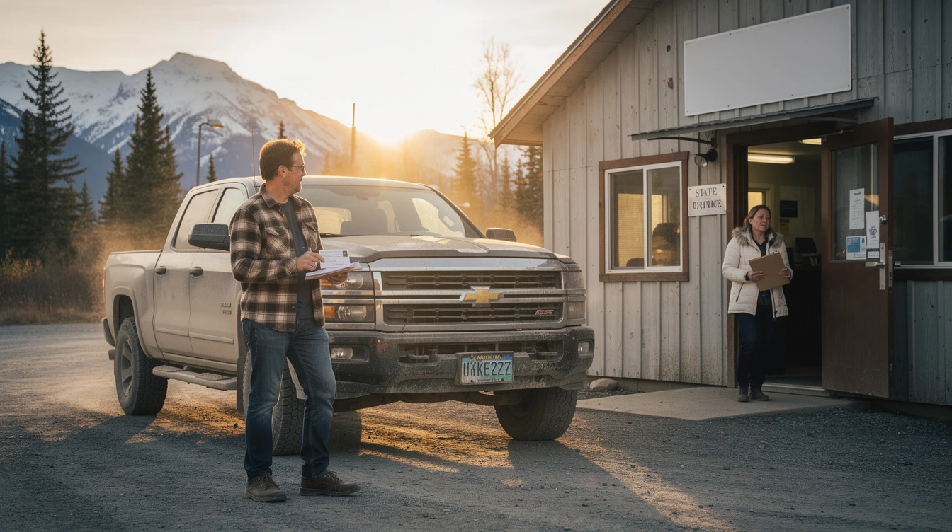 Man in plaid shirt with clipboard standing beside a dusty white pickup truck in front of a rustic office building at sunset.