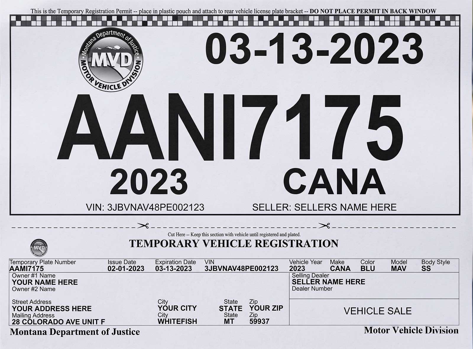Montana Motor Vehicle Division temporary registration card with large plate number AAN7175 and date 03-13-2023.