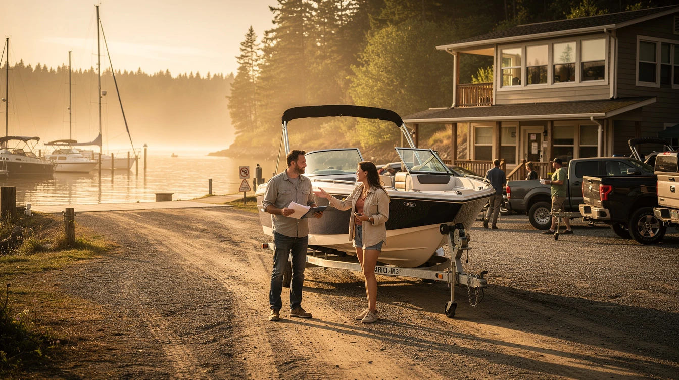 Two people stand beside a white speedboat on a trailer at a lakeside marina during golden hour, discussing papers.