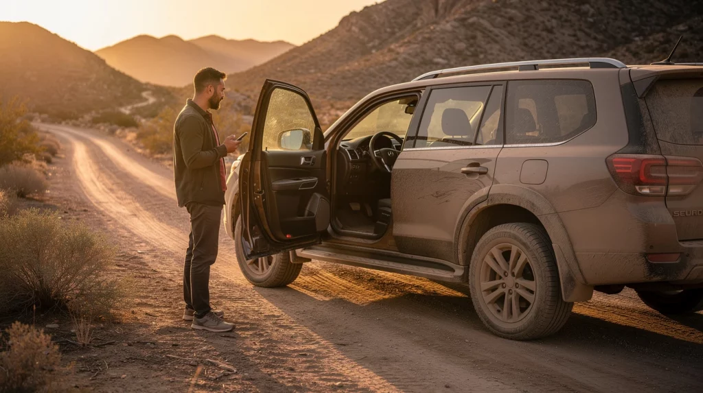 Man with phone standing beside an open SUV on a desert dirt road at sunset.