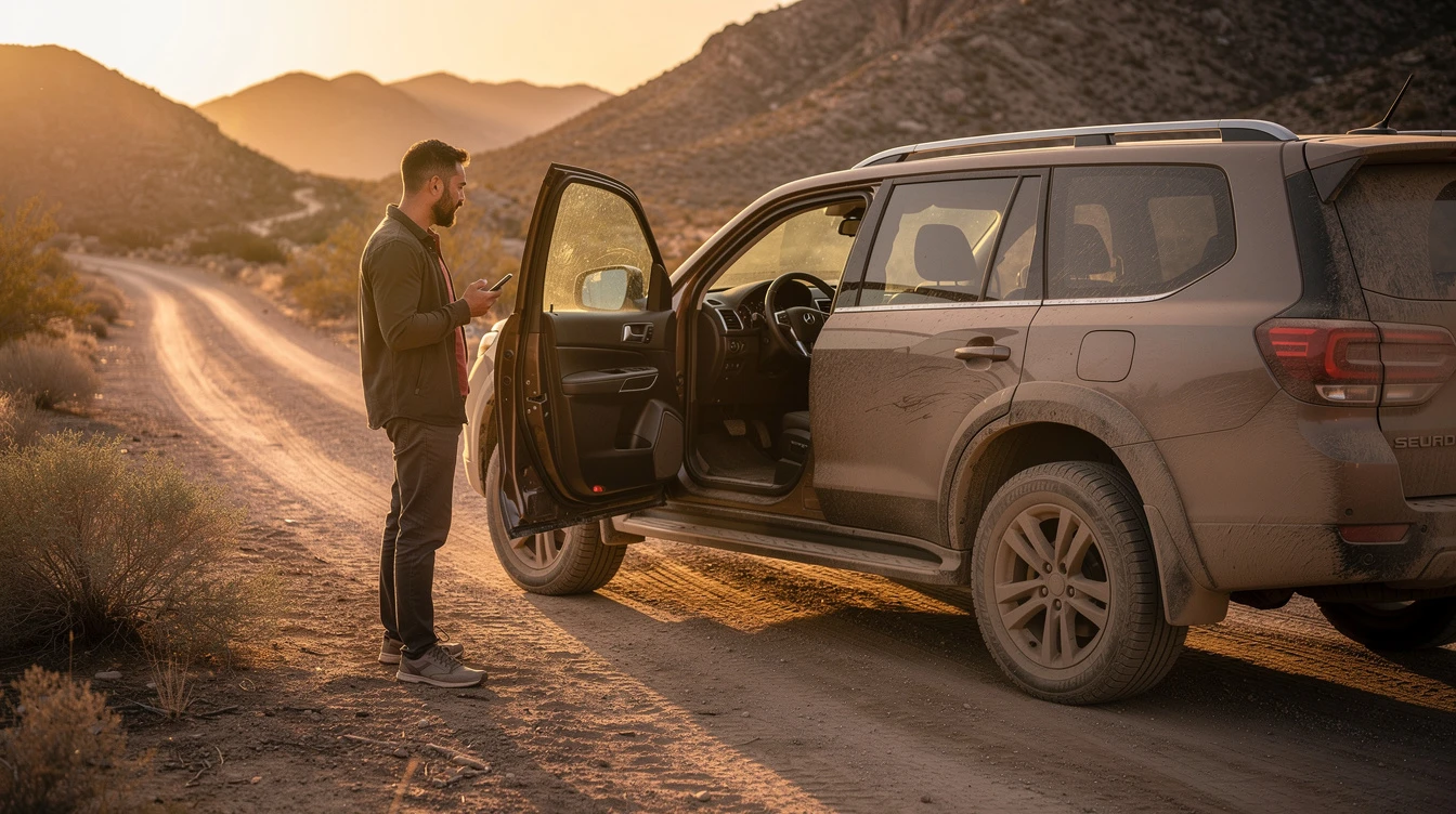 VIN Check & Get Instant Vehicle History | Dirt Legal - Dirt Legal Man with phone standing beside an open SUV on a desert dirt road at sunset.