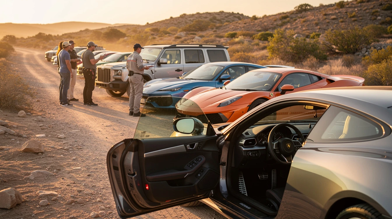Group of people stand beside a row of parked high-end cars on a dusty desert road at sunset