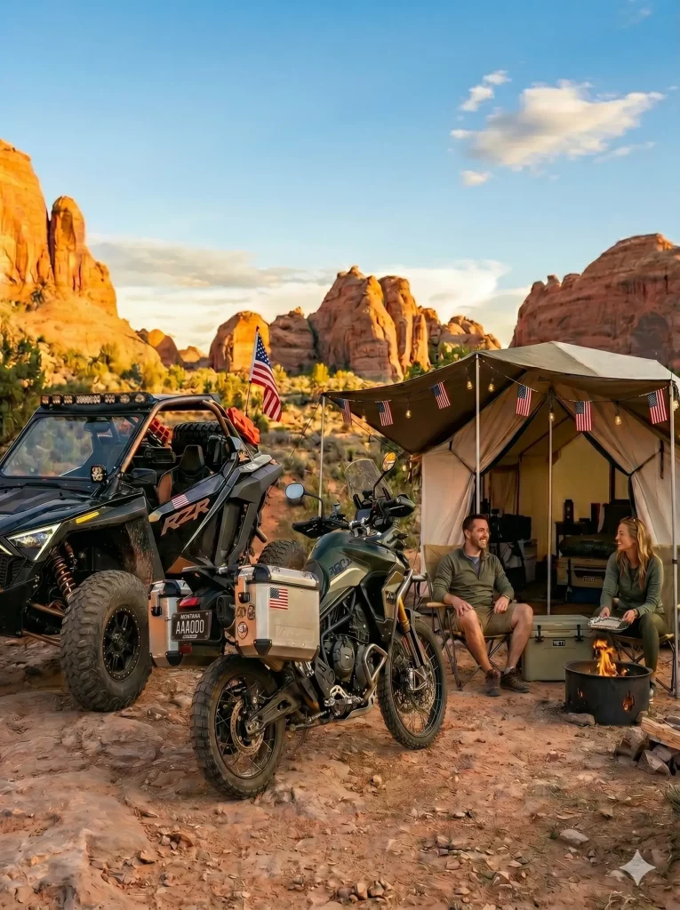 Desert campsite with red rock formations, a tent decorated with small American flags, and two people sitting by a campfire near parked ATVs.