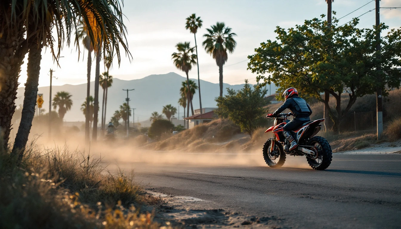 can you make a dirt bike street legal in california | Dirt Legal - Dirt Legal Motorcyclist wearing a red helmet rides a dirt bike down a dusty street at sunset, with palm trees and mountains in the background.