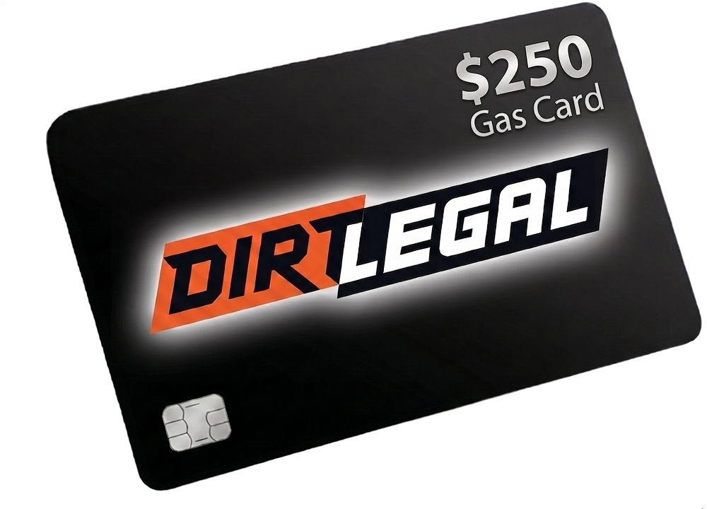 Black Dirt Legal gift card worth 0 for gas, featuring the logo and a built-in chip at the corner, angled on a dark background.