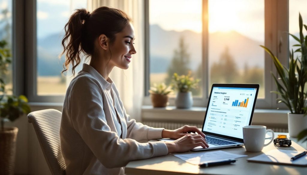 Woman working on a laptop displaying registration and account information, seated at a desk in a bright home office with a mountain view in the background.