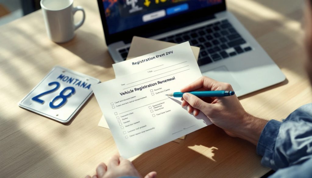 Person completing a Montana vehicle registration form while sitting at a desk with a laptop, Montana license plate, and coffee mug nearby, illustrating online vehicle registration services.