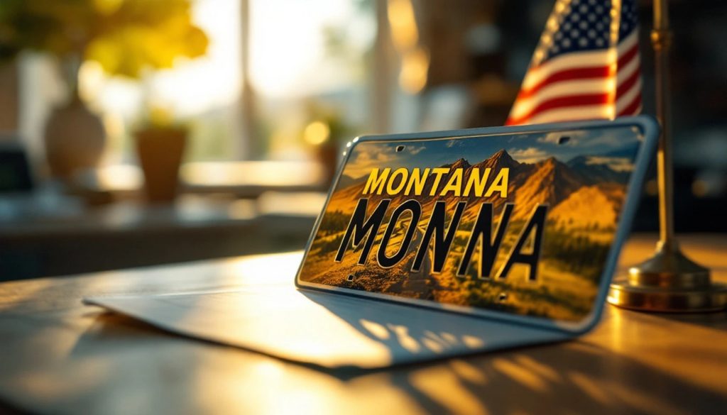 Custom Montana license plate displayed on a desk in warm sunlight, featuring a mountain landscape design and the text "MONTANA MONNA," with a small American flag blurred in the background.