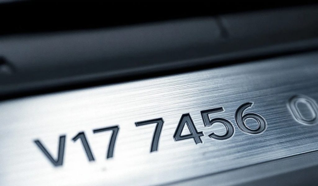 Close-up of a vehicle identification number (VIN) engraved on a metal plate, showing a unique serial number used for vehicle registration and ownership records.