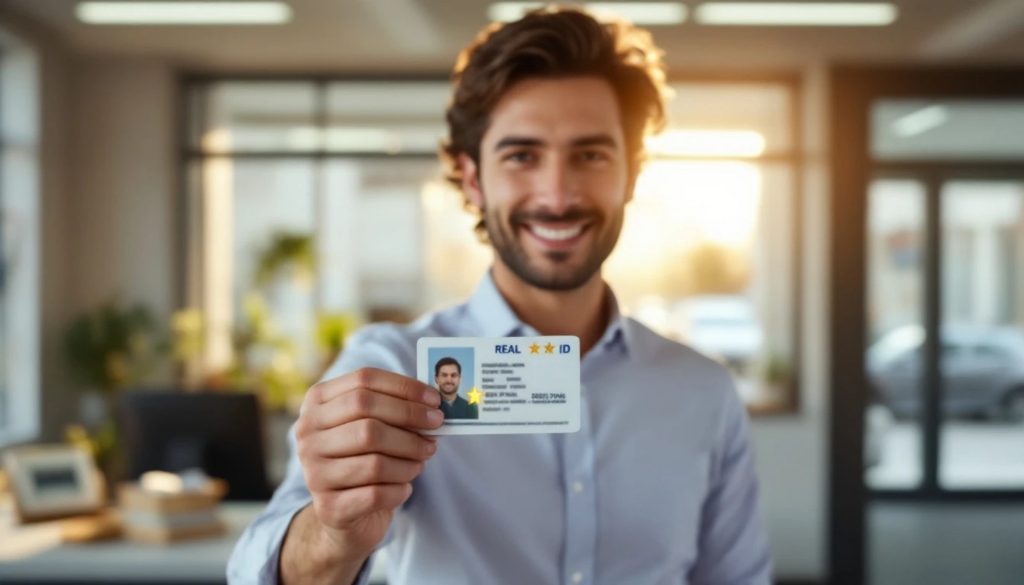 Smiling man holding a REAL ID card toward the camera inside an office setting, demonstrating a compliant form of identification.