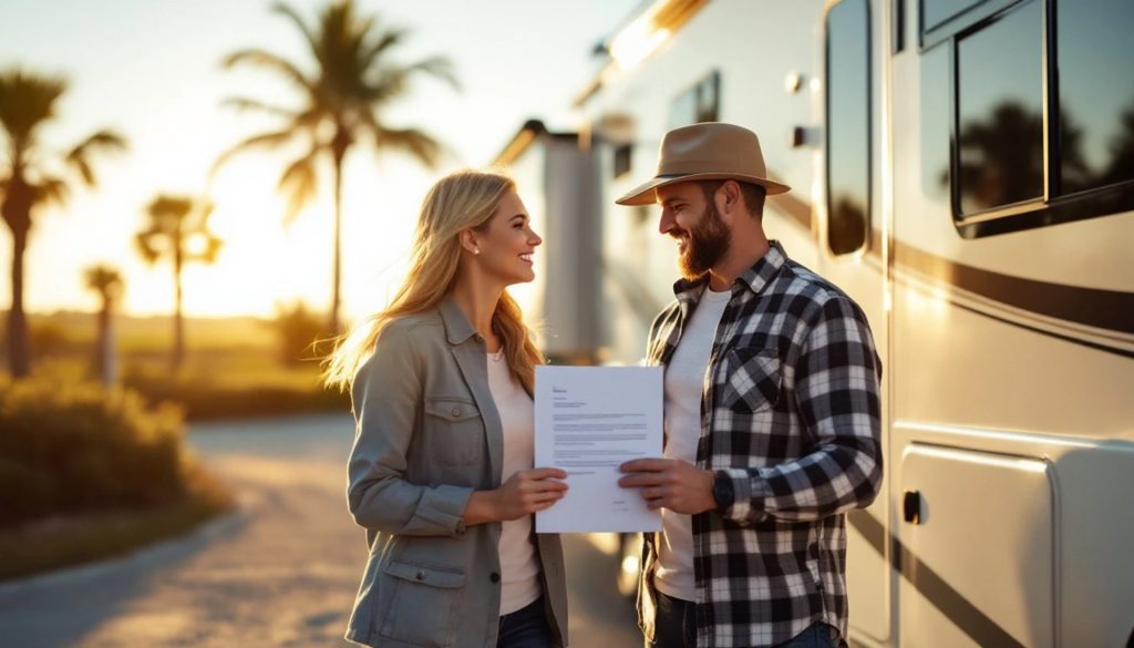A smiling couple standing beside a recreational vehicle (RV) at sunset, holding and reviewing registration paperwork in a palm-lined outdoor setting.
