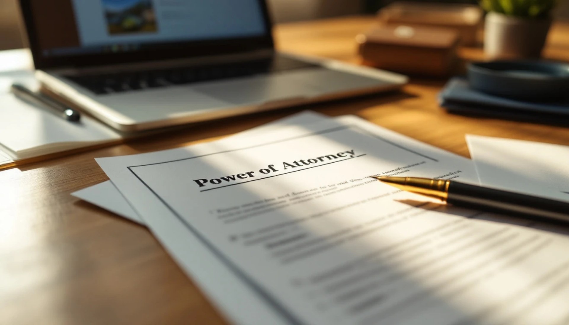 Power of Attorney document on a wooden desk with a pen in the foreground and a laptop in the background.