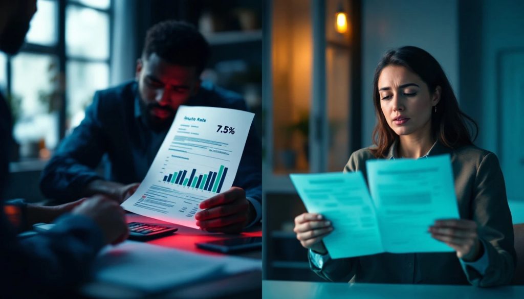 A split-screen image showing two people reviewing financial paperwork. One person examines an auto loan document displaying interest rate information and charts, while the other reviews financing papers with a concerned expression, highlighting vehicle financing and loan comparison decisions.