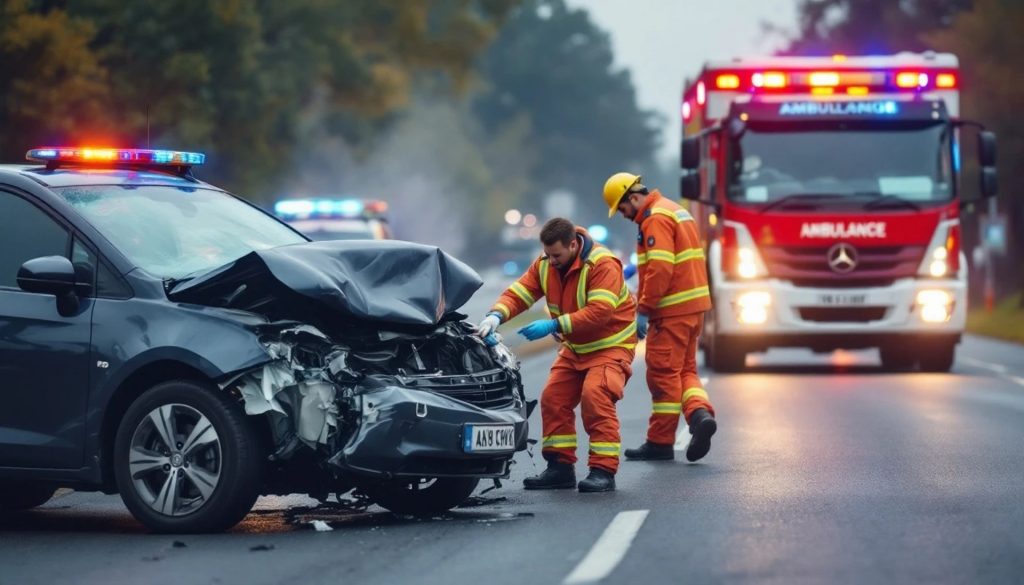 Emergency responders inspect a damaged passenger vehicle at the scene of a roadway collision while an ambulance and emergency lights are visible in the background.