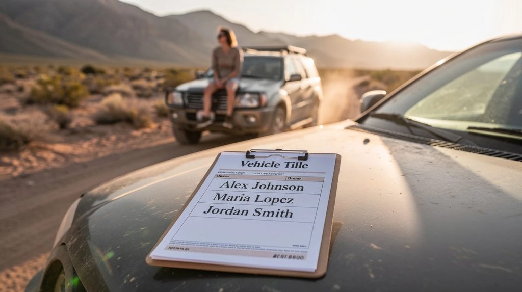 A vehicle title document rests on the hood of a car in the foreground while a person sits near an SUV on a remote desert road, highlighting the importance of verifying ownership paperwork during a vehicle transaction.