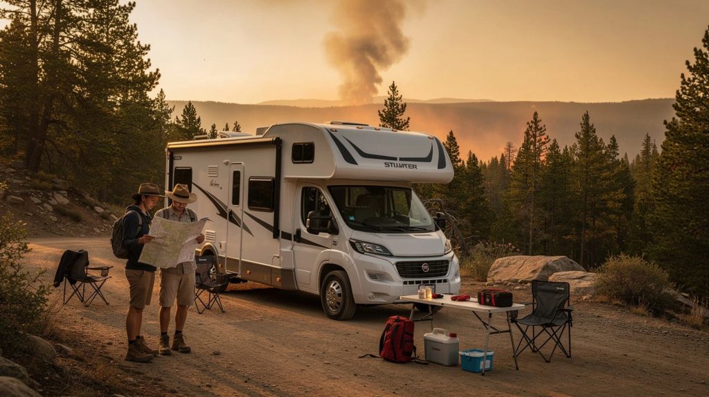 A Class C motorhome parked on a forest dirt road at sunset, with two campers reviewing a map beside folding chairs, coolers, and camping gear. Pine trees surround the campsite, and smoke rises in the distance against a warm evening sky.