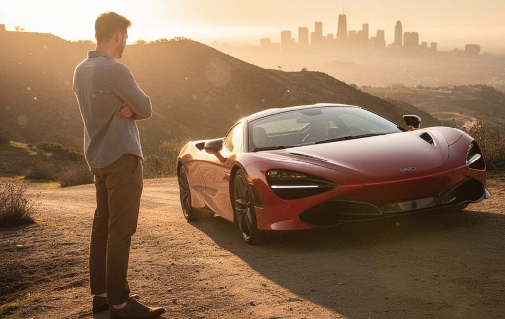 Man gazing at a red sports car on a hill at sunset with a city skyline in the background, arms crossed beside the car.