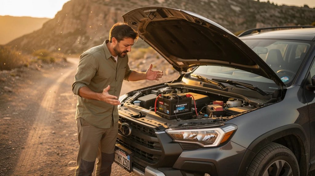 A frustrated driver stands beside an SUV with the hood open, examining the engine on a remote desert road during golden hour.