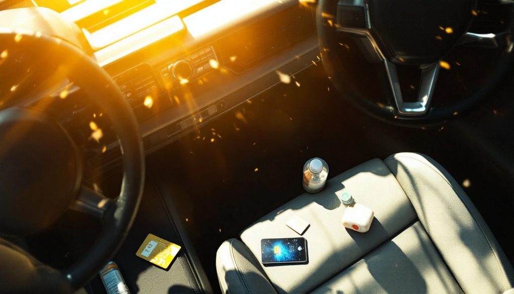 A vehicle interior with personal items left in plain view on the front passenger seat, including a smartphone, wallet, beverage, and small container. Sunlight streams through the windshield, highlighting common valuables that can attract theft when left unattended in a parked car.
