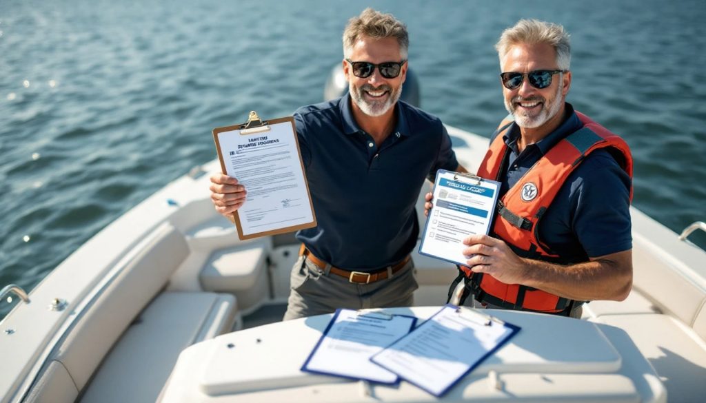 Two boat owners on a motorboat displaying vessel registration paperwork and boating documents while on the water.