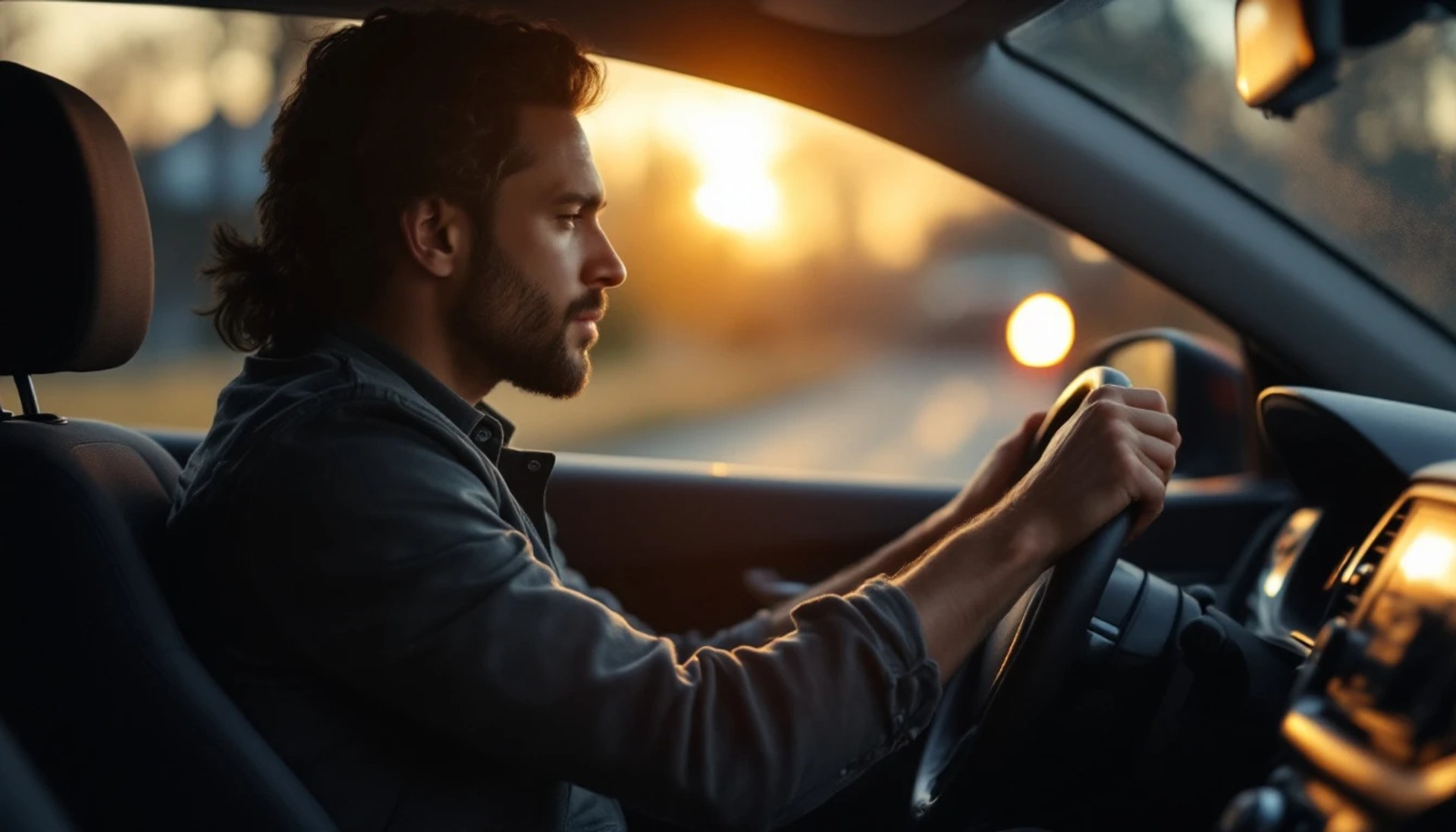 A driver grips the steering wheel and focuses on the road ahead while driving at sunset, with warm light illuminating the vehicle's interior.