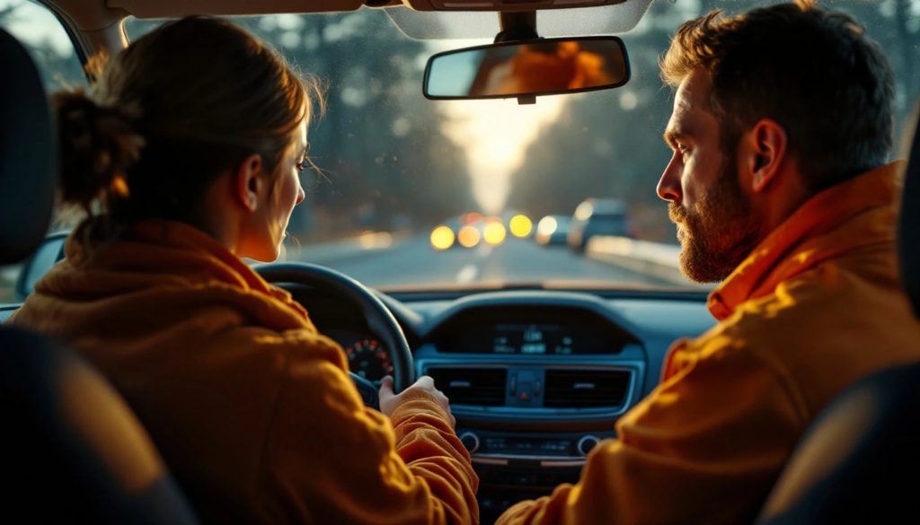Two people sit in the front seats of a car, talking while driving along a road at dusk with traffic lights visible ahead.