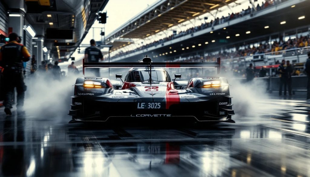 A Corvette prototype race car sits in a pit lane surrounded by tire smoke and crew activity at a professional racing circuit. The low-slung race car is viewed from the front, with grandstands full of spectators visible in the background.