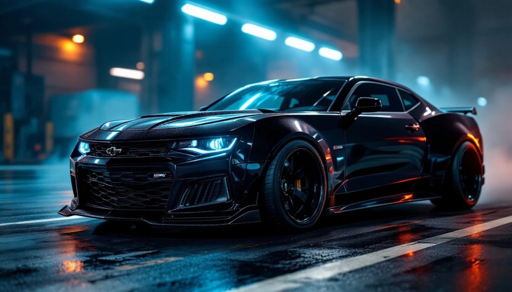 A sleek black sports car is parked on a wet urban street at night, illuminated by blue and orange city lights that reflect off the pavement and the vehicle's glossy exterior.