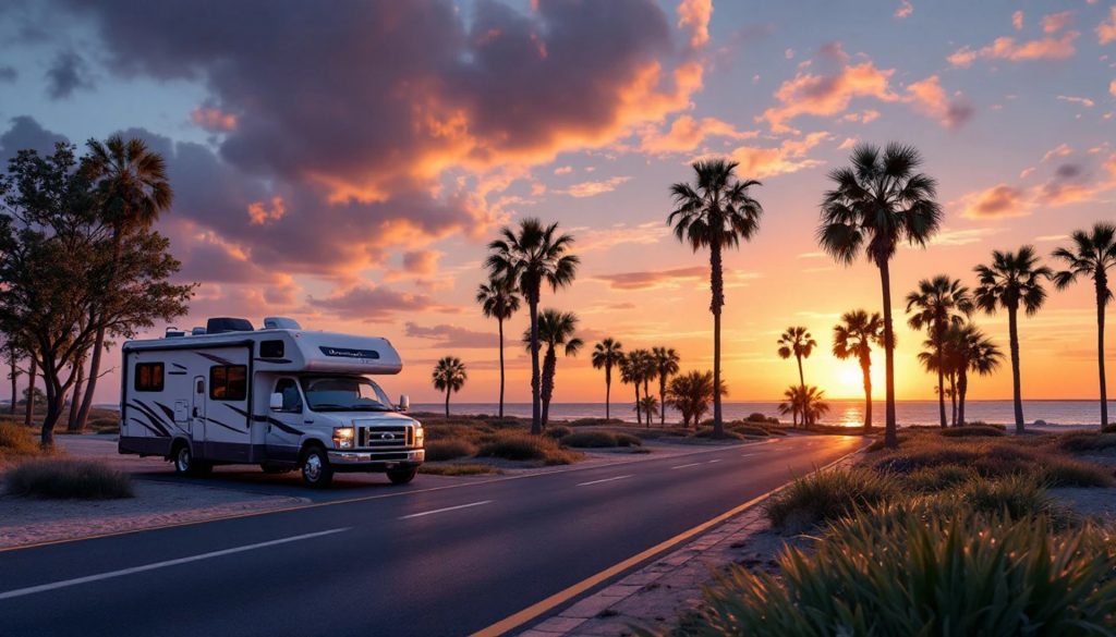 A motorhome driving along a scenic coastal road lined with palm trees during a colorful sunset, with ocean views and vibrant clouds in the background.