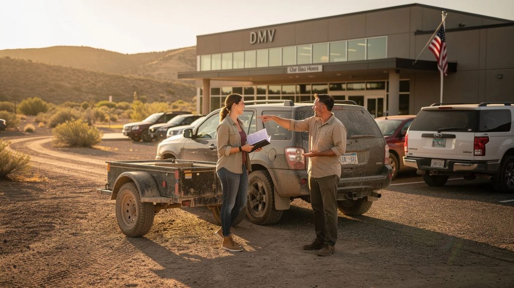 Two people standing beside a used SUV and utility trailer outside a DMV office, reviewing vehicle paperwork during a registration or title transfer process.