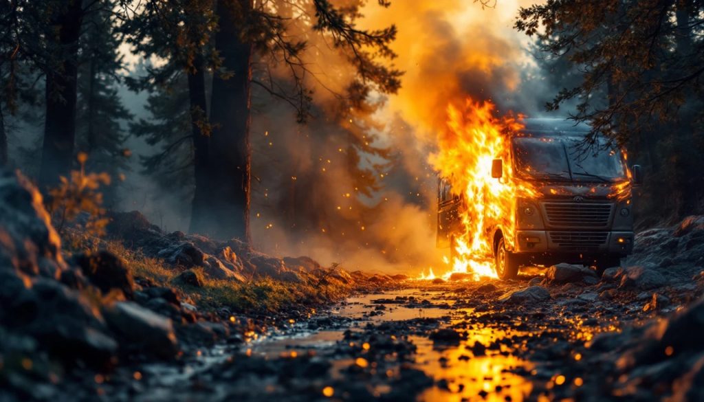 A motorhome burning intensely on a forest road, with flames and thick smoke surrounding the vehicle. Trees line the wooded area, and the fire’s glow reflects in a muddy puddle in the foreground.