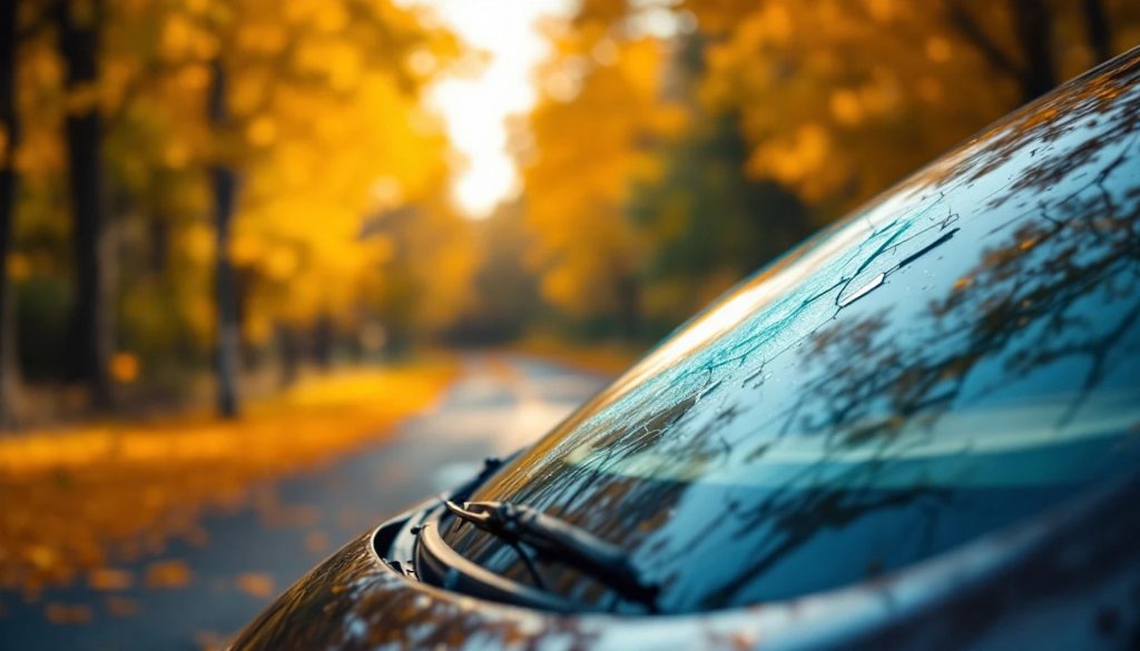 Close-up of a car windshield with visible cracks and a windshield wiper in the foreground, parked or driving along a tree-lined road surrounded by golden autumn foliage. The background is softly blurred, emphasizing the damaged glass and fall colors.